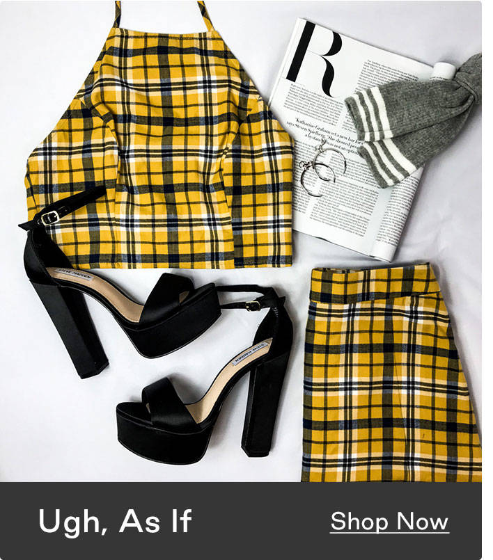 Ugh, As If. Shop Now. "Clueless" Halloween Outfit: Yellow Plaid Crop Top And Skirt Set And Black Open Toe Ankle Strap Heels