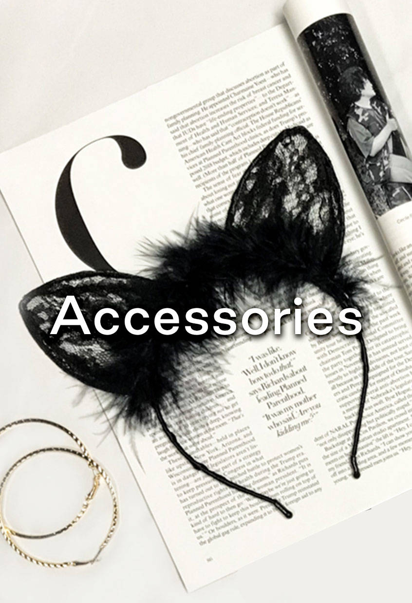 Accessories: Black Lace Cat Ears Headband and Gold Hoop Earrings