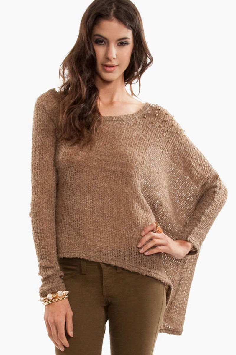 Asymmetric Studded Shoulder Sweater in Beige - $50 | Tobi US