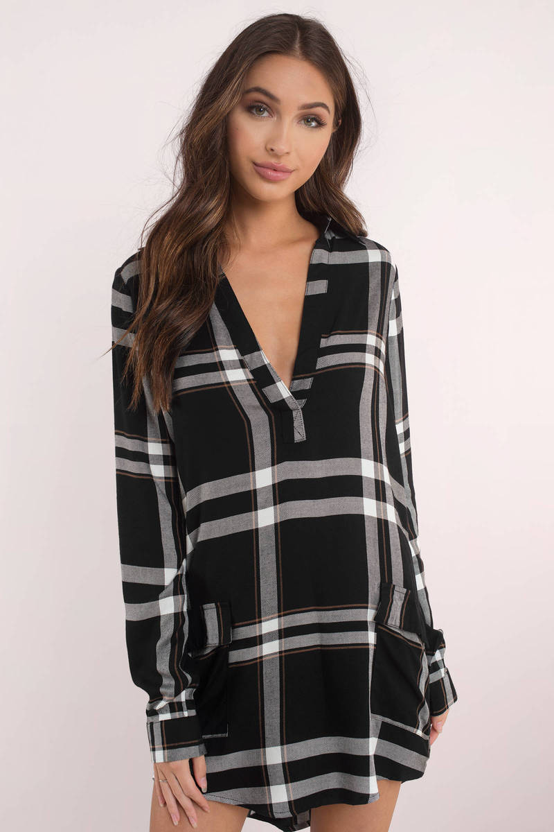 black dress with flannel shirt