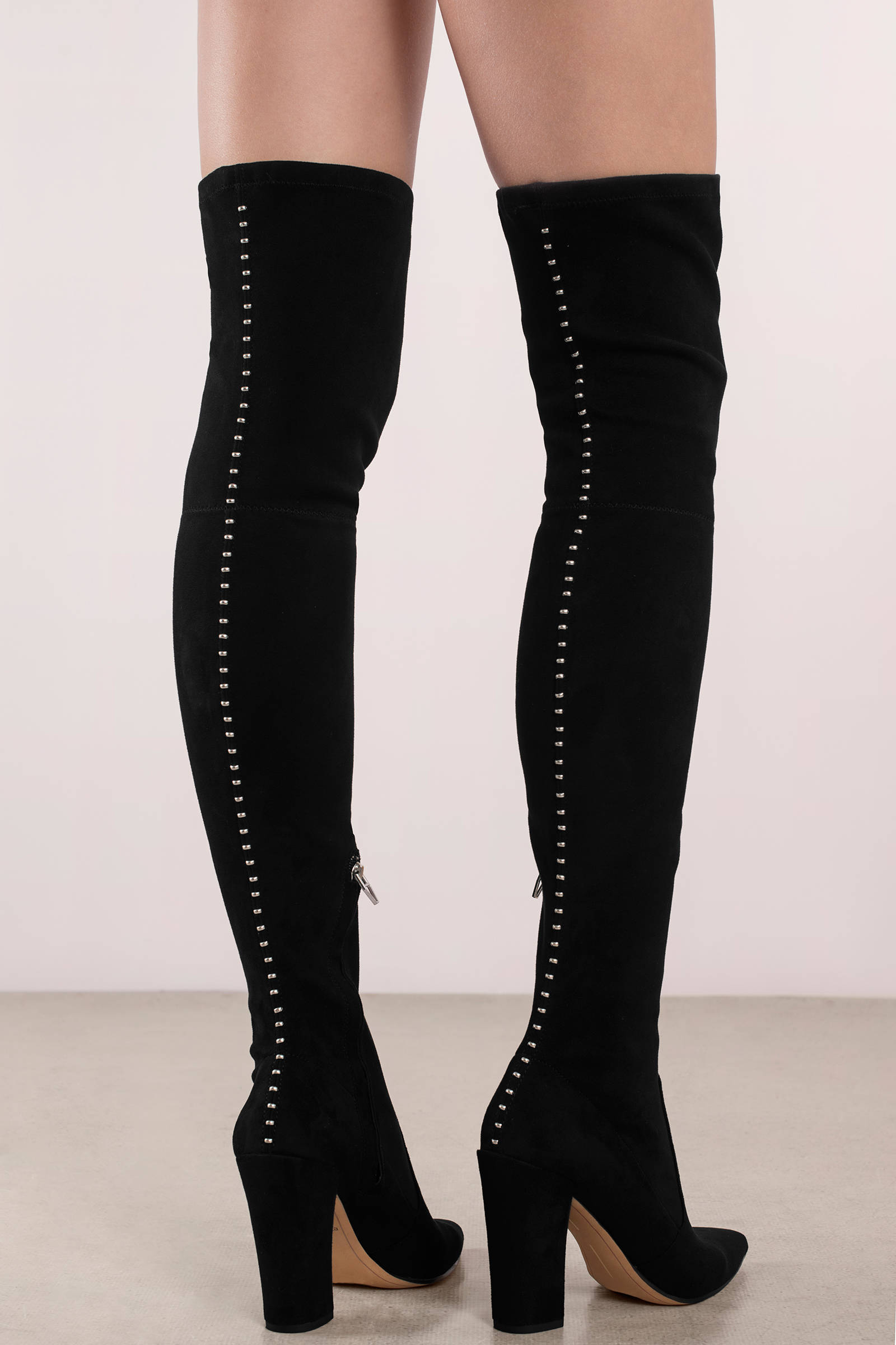 Emmy Studded Suede Thigh High Boots in Black 100 Tobi US