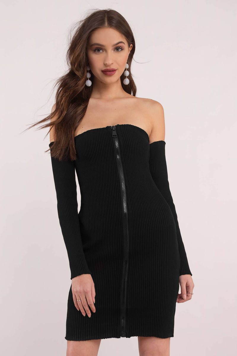 Khloe Ribbed Off Shoulder Bodycon Dress in Black - $15 | Tobi US