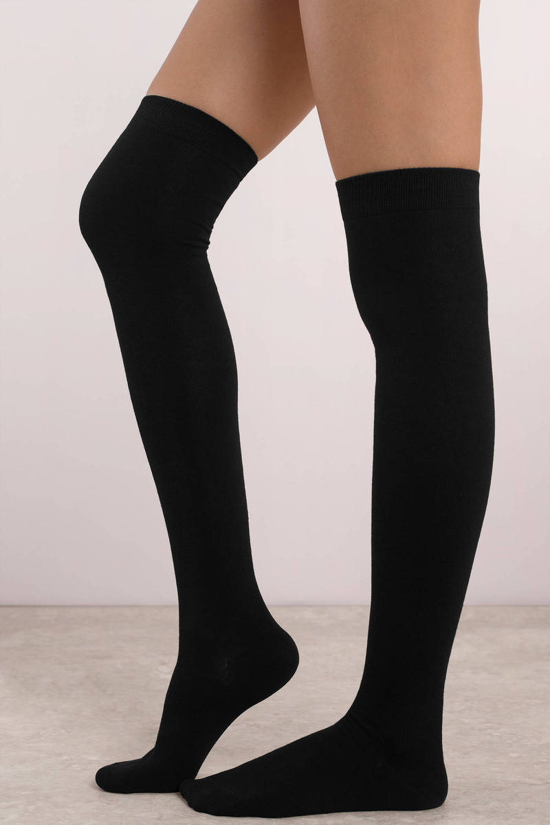 black dress with thigh high socks