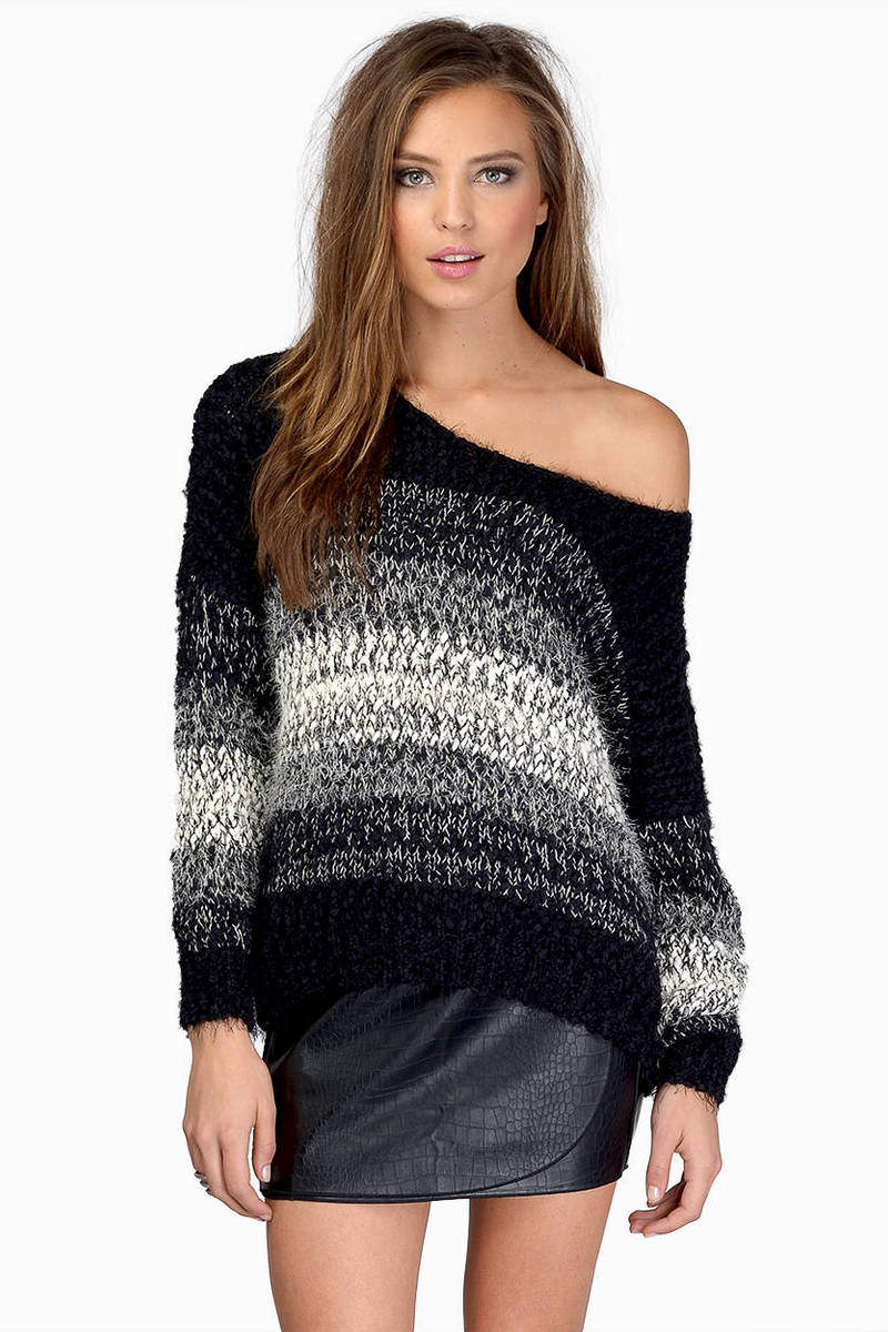 Black Sweater - Striped Winter Sweater - One Shoulder Black Sweater ...