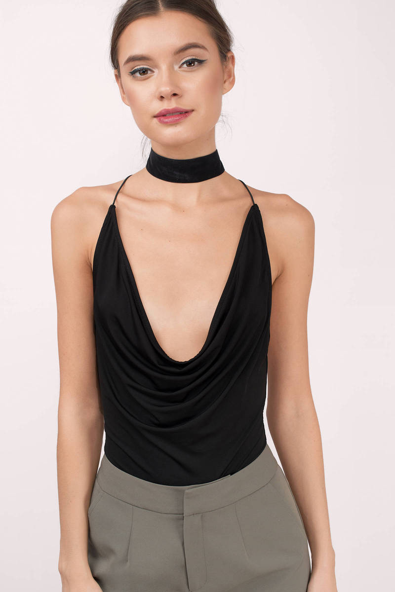 black cowl neck bodysuit