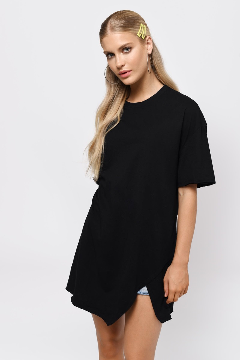 Neck Dress - Black Slit Shirt Dress 