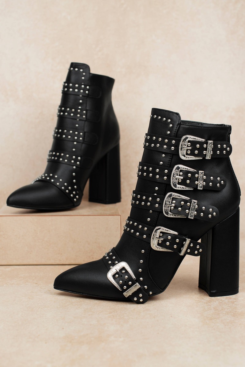 Studded Boots - Black Buckle Boots 