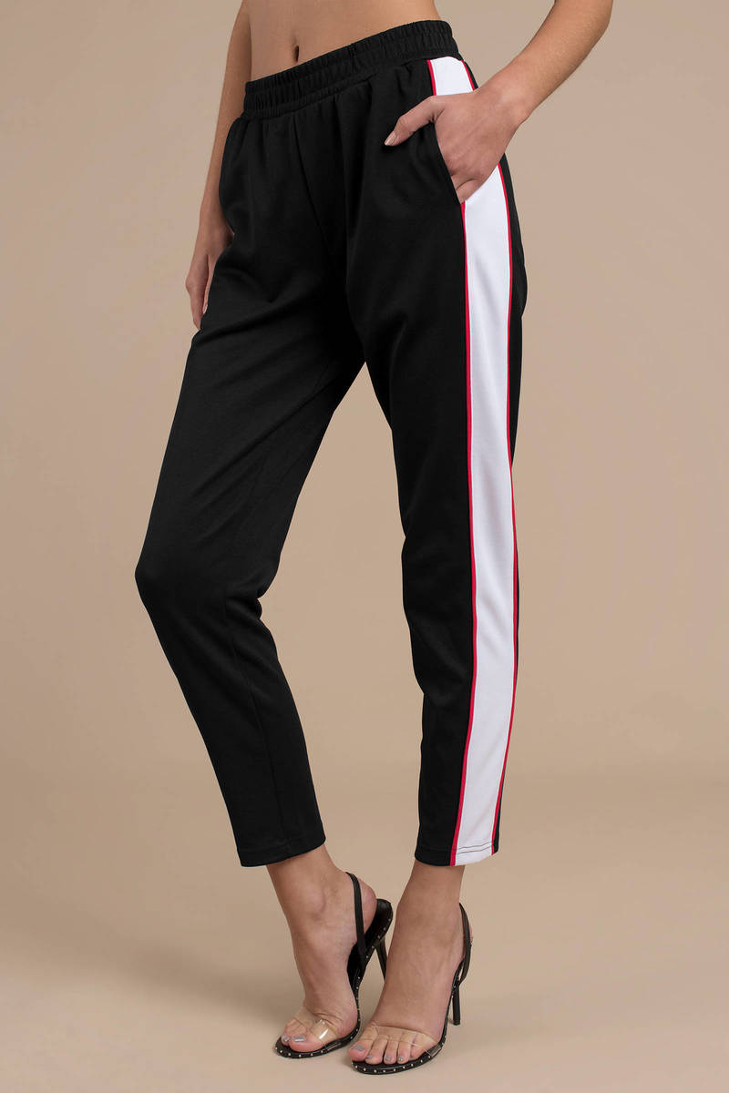 black pants with white stripe on side