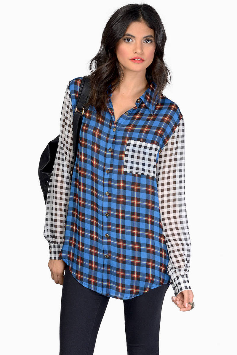 Blue Shirt - Thin Plaid Top - Blue Multi Checkered Top - $10 | Tobi US