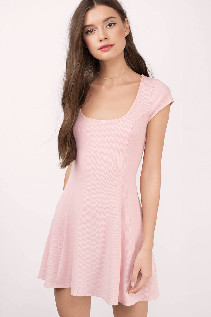 Blush Dress - Short Sleeve Dress - Pink Flare Dress - Skater Dress ...