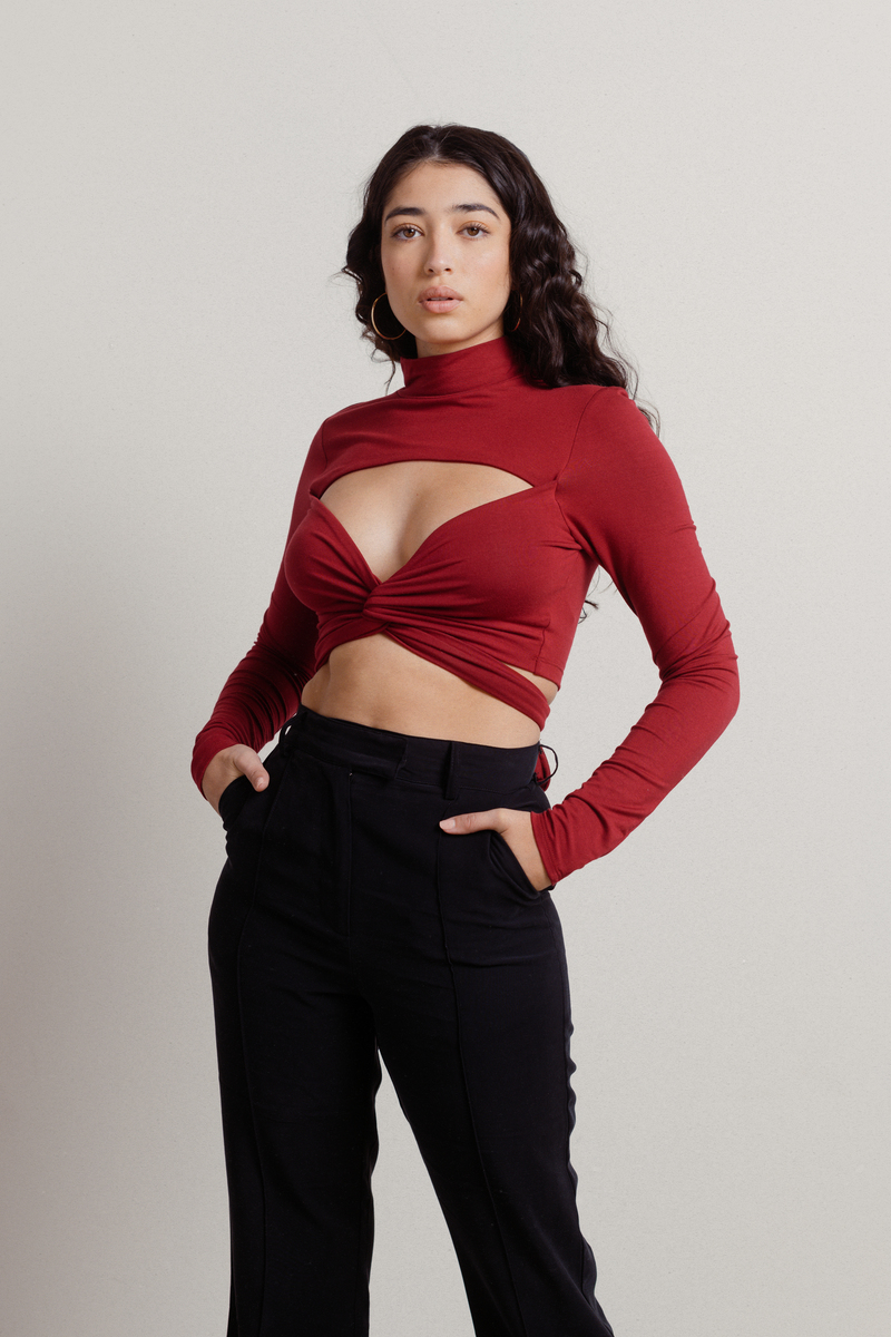 burgundy mock neck top