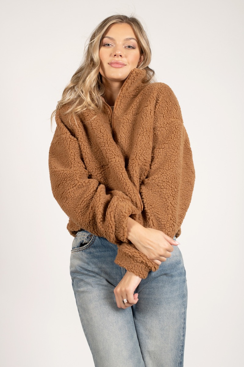 Boo'd Up Sherpa Zip Up Jacket in Camel - $59 | Tobi US