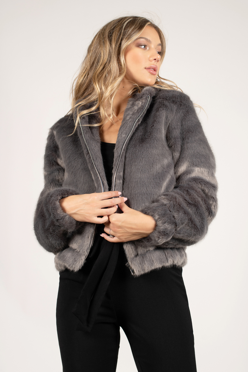 Cuddle Up Faux Fur Zip Up Jacket in Charcoal - $53 | Tobi US