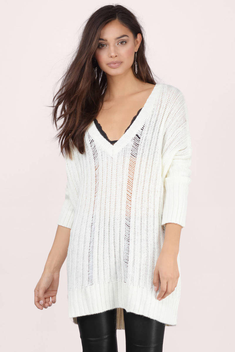 White Sweater - Long Oversized Sweater - White V Neck Sweater - $26 ...