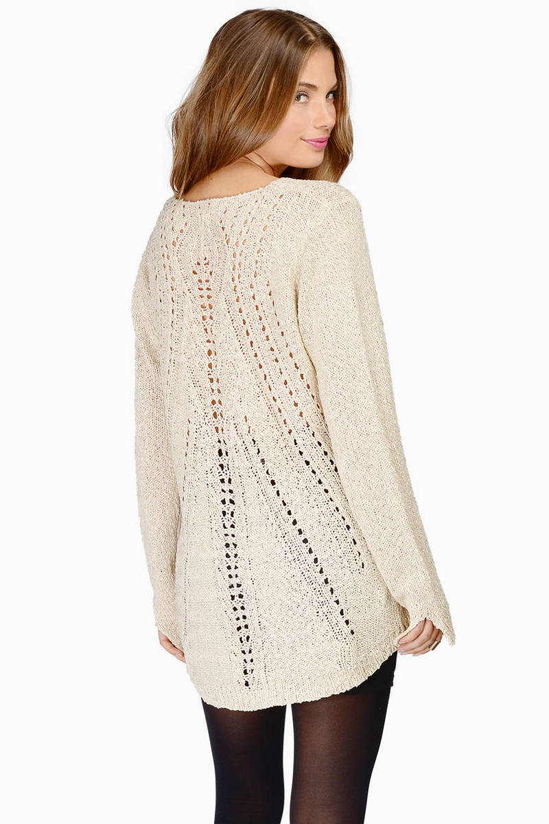 White Sweater - Open Knit Back Sweater - Long V Neck Cream Sweater ...
