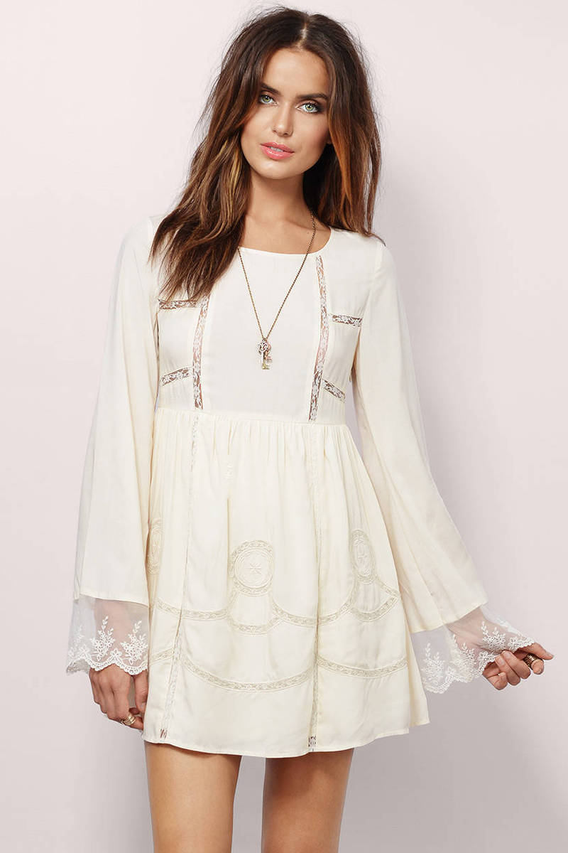 Cream Casual Dress - Lace Paneled Skater Dress - Cream Boho Dress - $26 ...