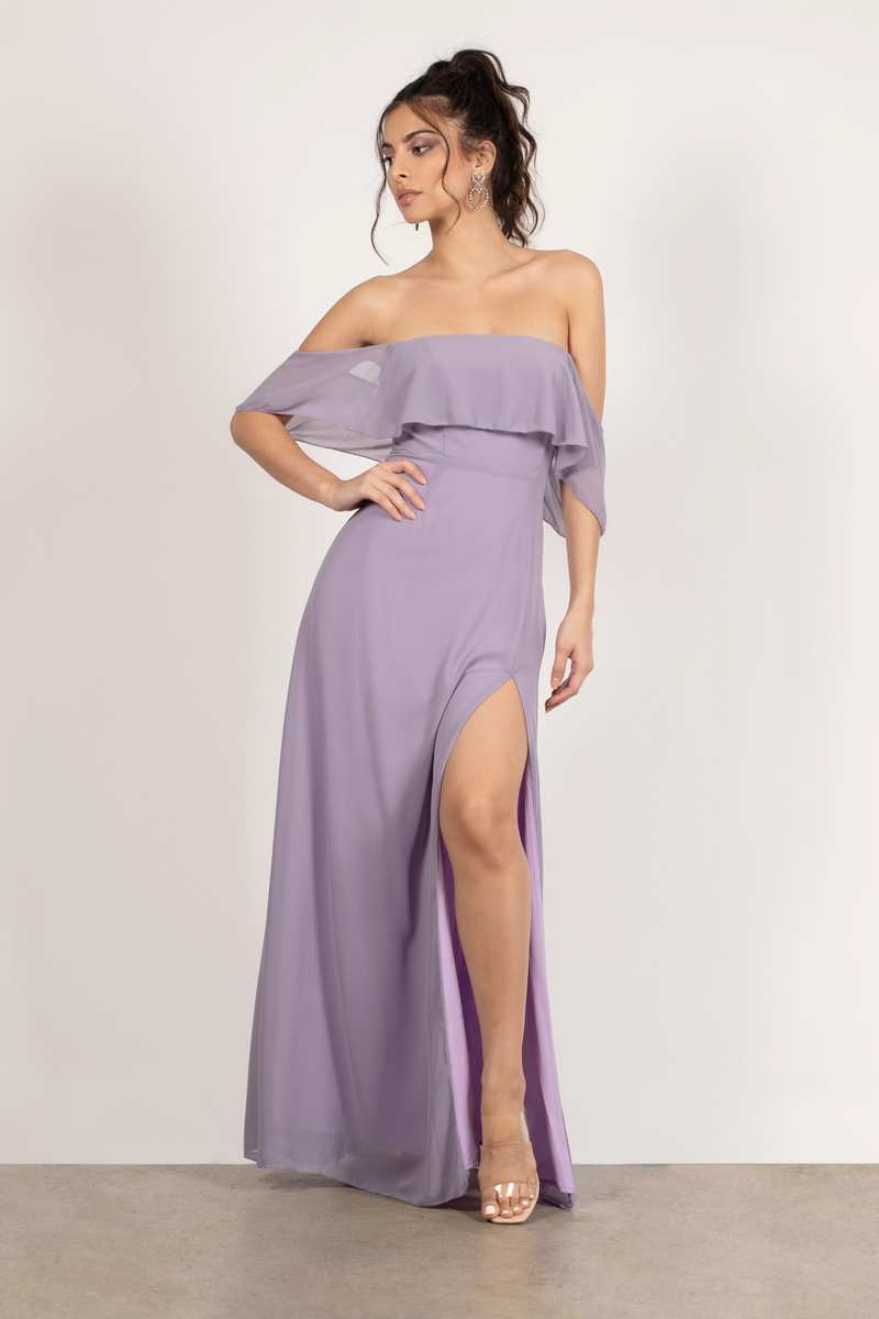 purple off the shoulder maxi dress
