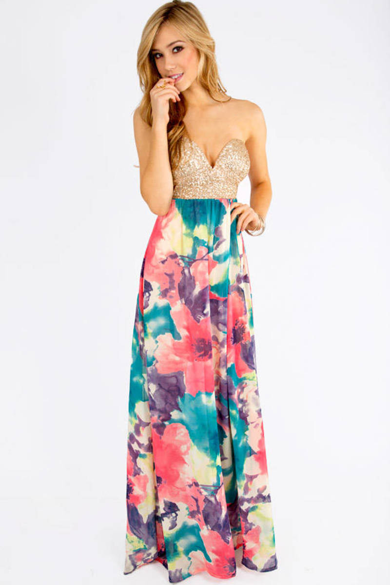 Monet Bustier Maxi Dress in Gold Multi - $75 | Tobi US