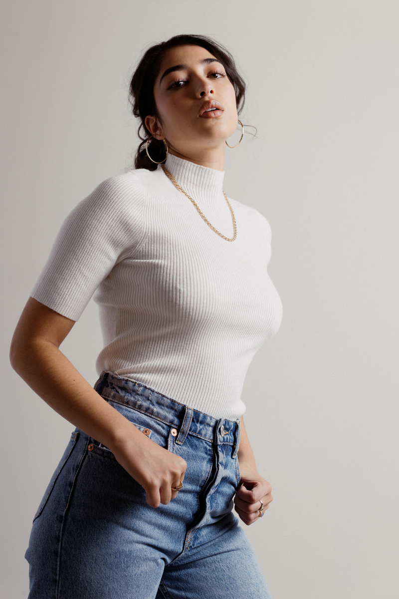 ribbed knit mock neck top