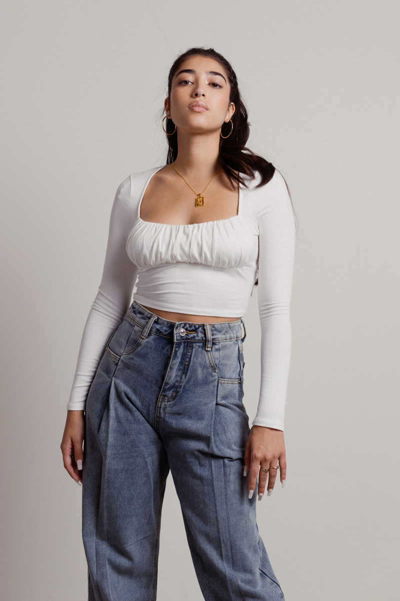 white ruched long sleeve crop top