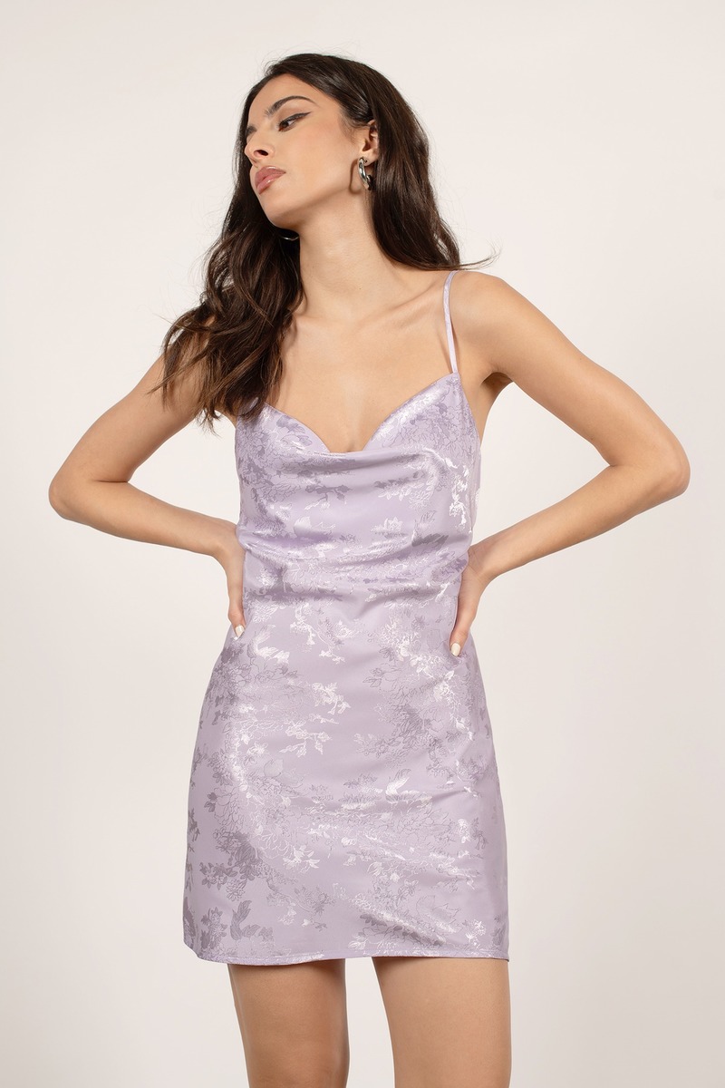 Happier Cowl Neck Satin Shift Dress in Lavender - $92 | Tobi US