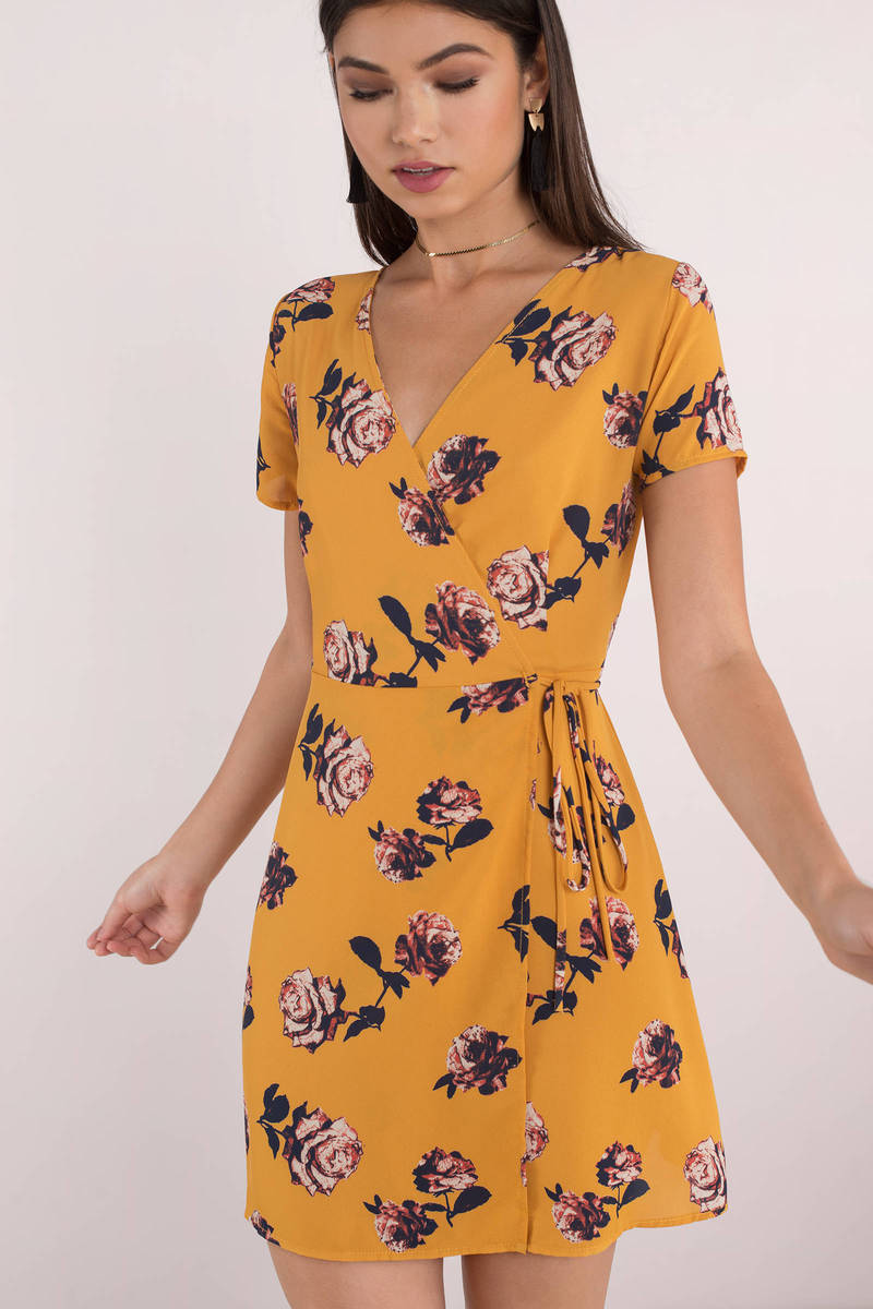 Yellow Wrap Dress - Short Sleeve Sundress - Yellow Floral Dress - $62 ...