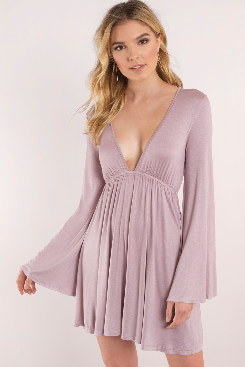 Purple Dress - Deep V Dress - Flared Dress - Retro Dress - $60 | Tobi US