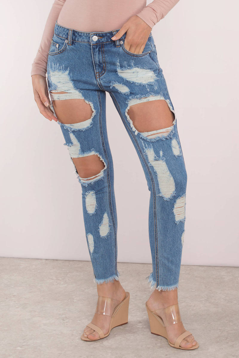 Blue Jeans - Trendy Thigh Ripped Jeans - Blue Distressed Jeans - $21 | Tobi US