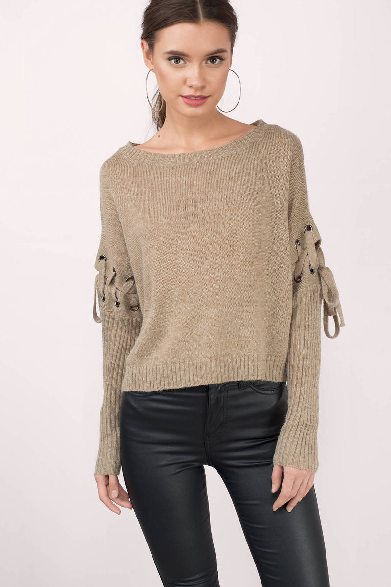 Sexy Beige Sweater - Cropped Sweater - Beige Lace Up Sweater - $90 ...