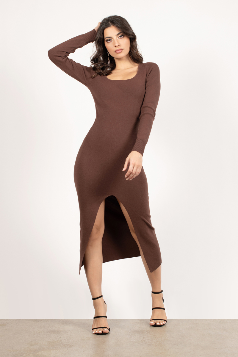 brown midi dress with sleeves