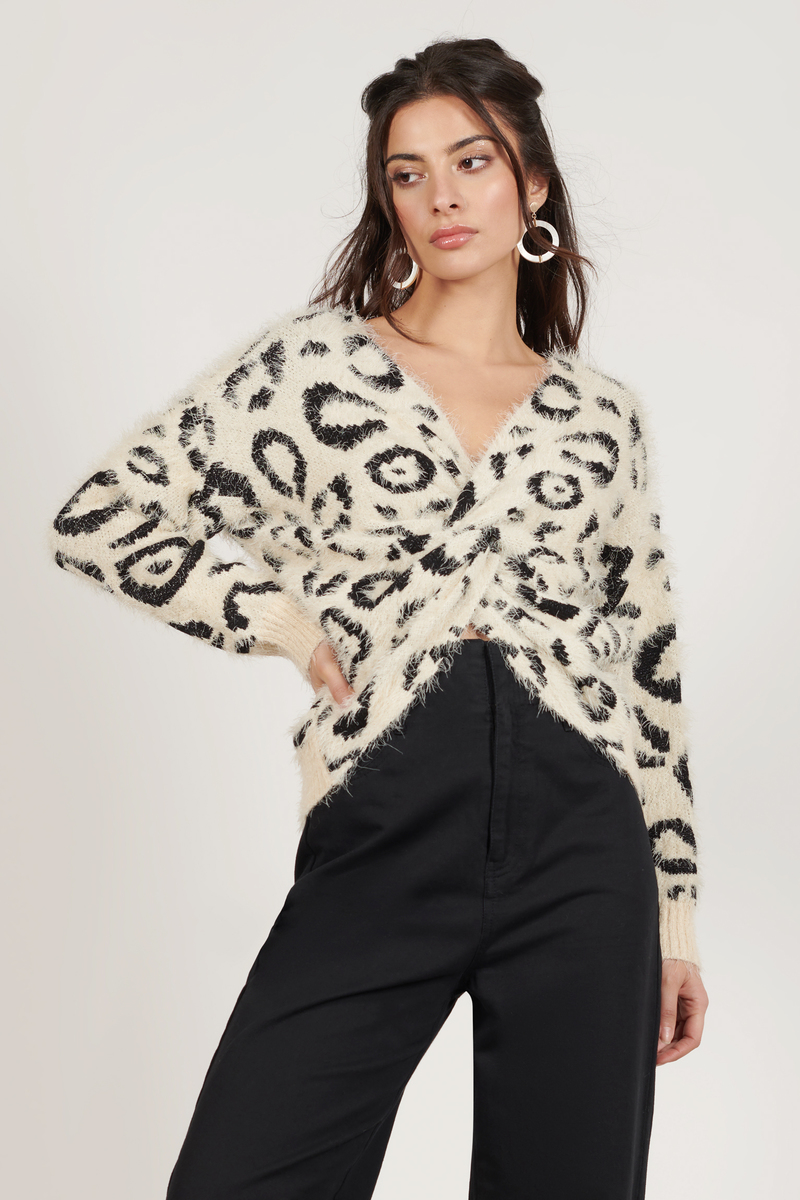 Evelyn Fuzzy Leopard Print Knotted Sweater in Multi - $84 | Tobi US