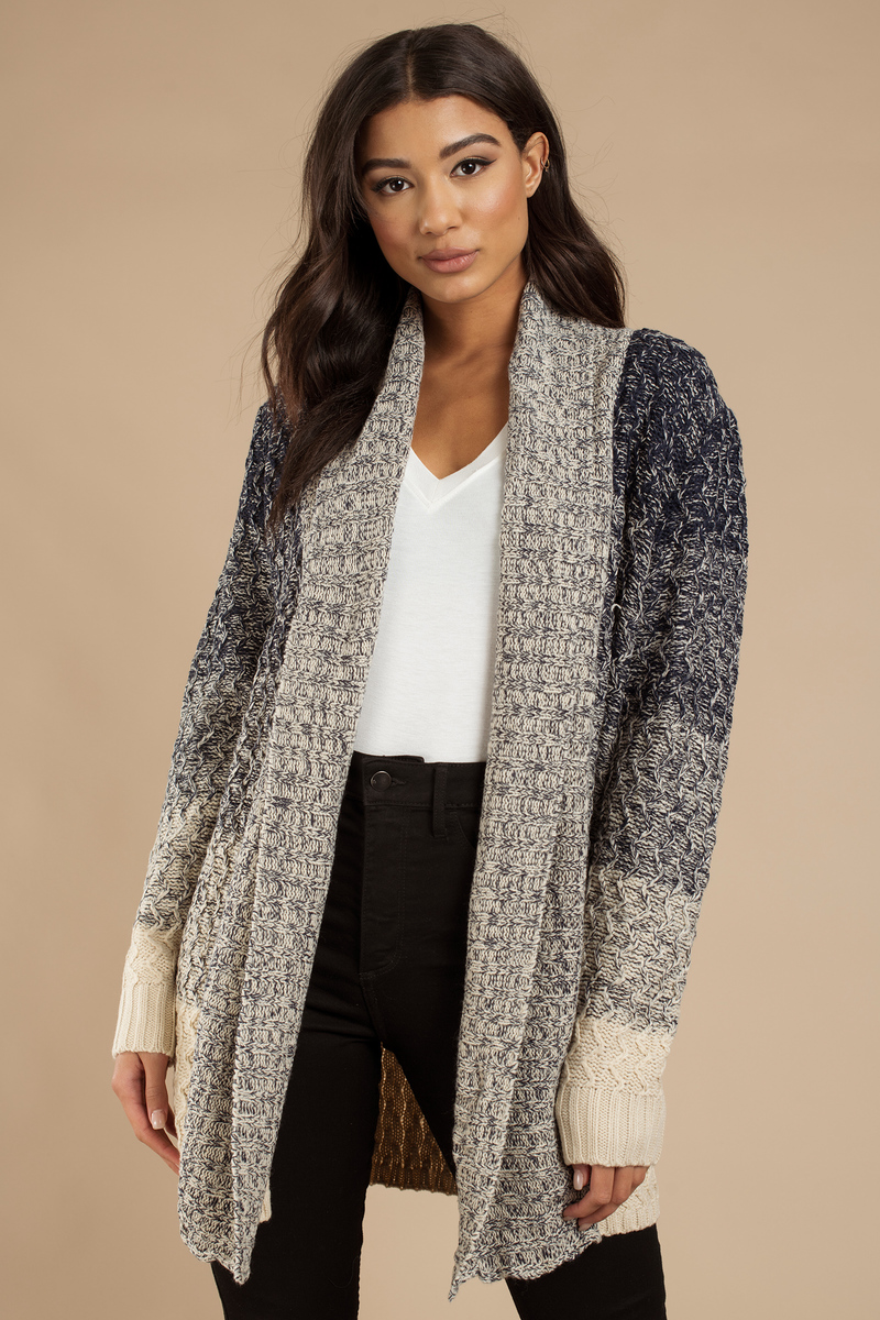 blue and cream cardigan