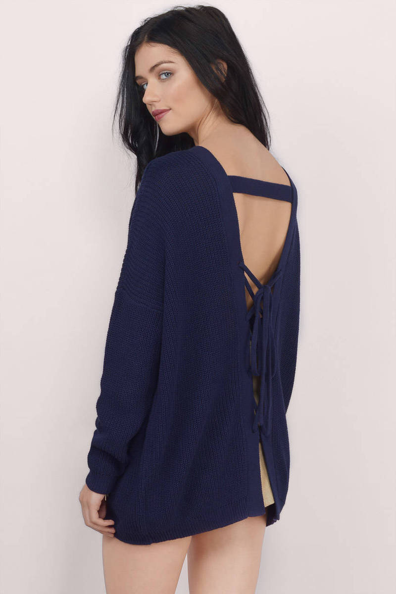 Navy Blue Sweater - Backless Sweater - Navy Blue Tie Up Back Sweater ...