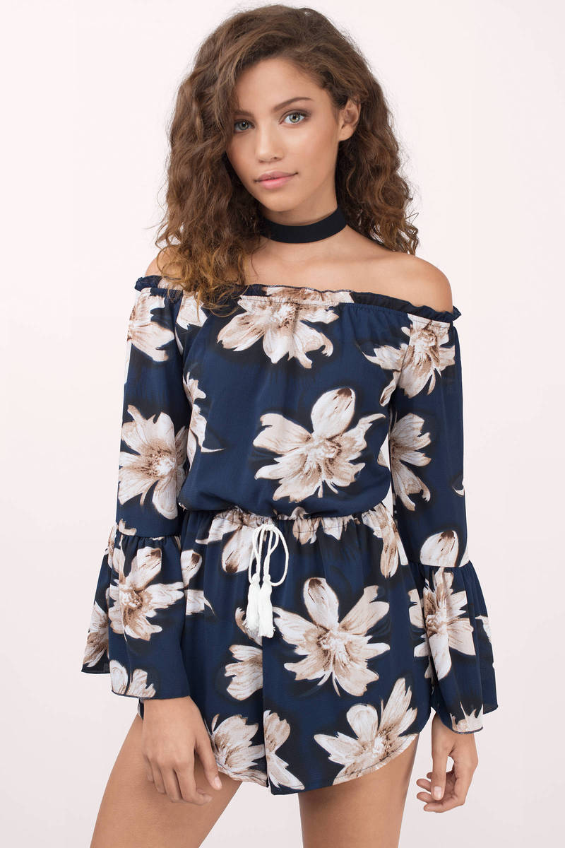 Reverse Sweet Something Off The Shoulder Flowy Navy Romper - $62 | Tobi US