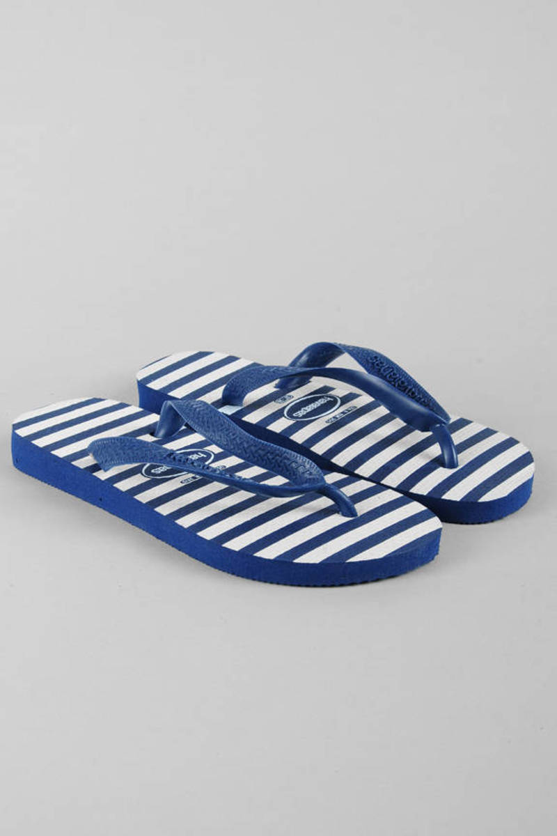 blue and white striped flip flops