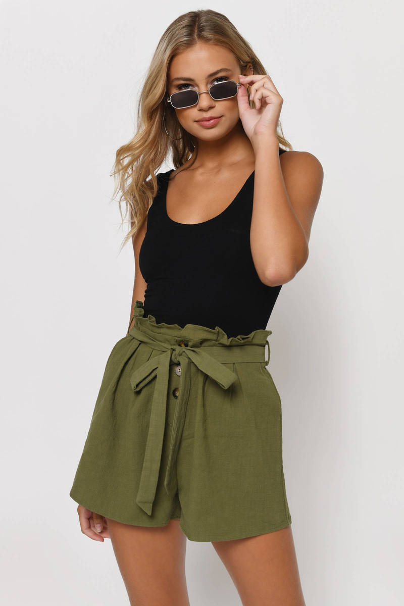 olive green paperbag shorts
