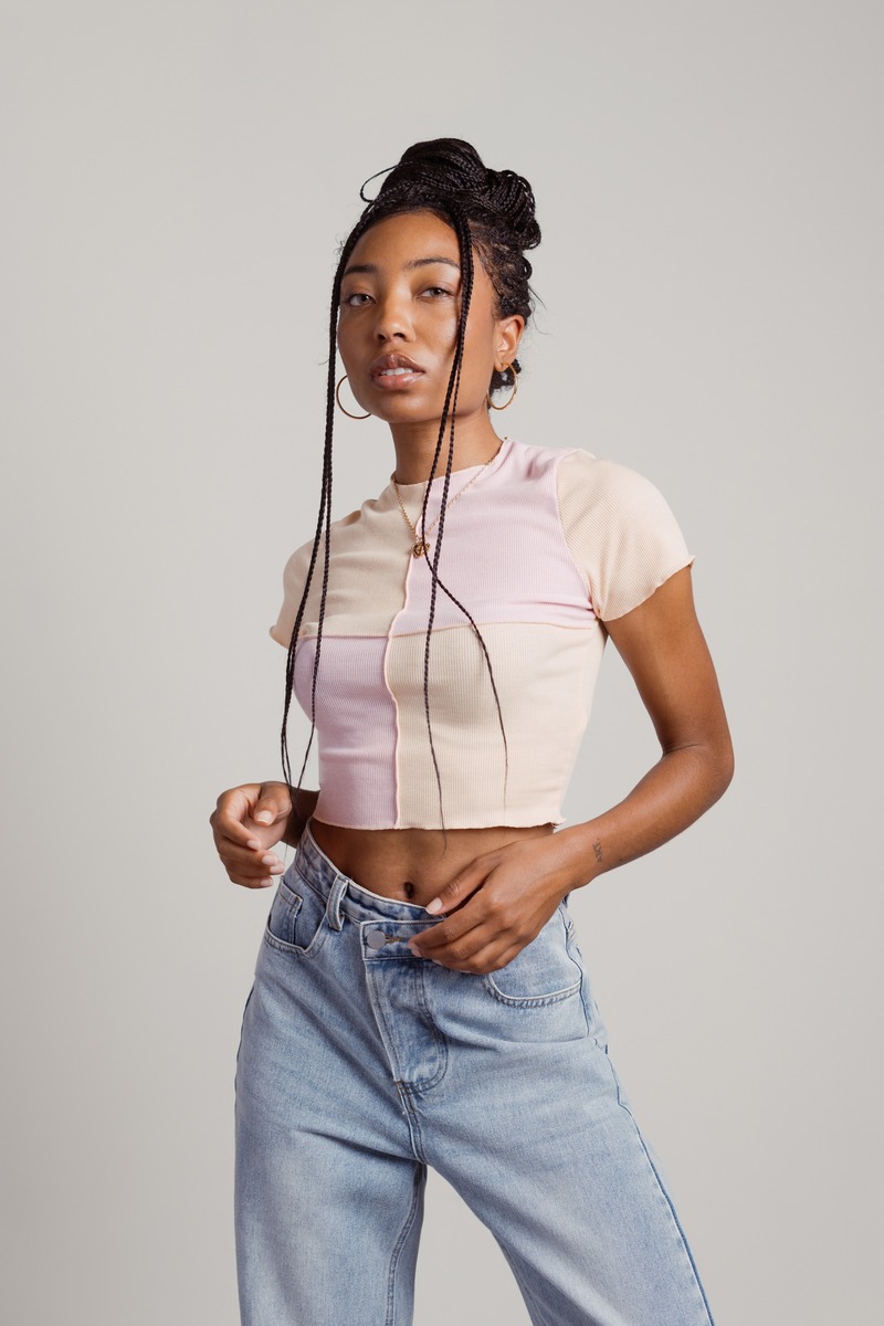 Quinn Colorblocked Exposed Stitch Crop Top in Mint-Ivory - kr 179 | Tobi NO