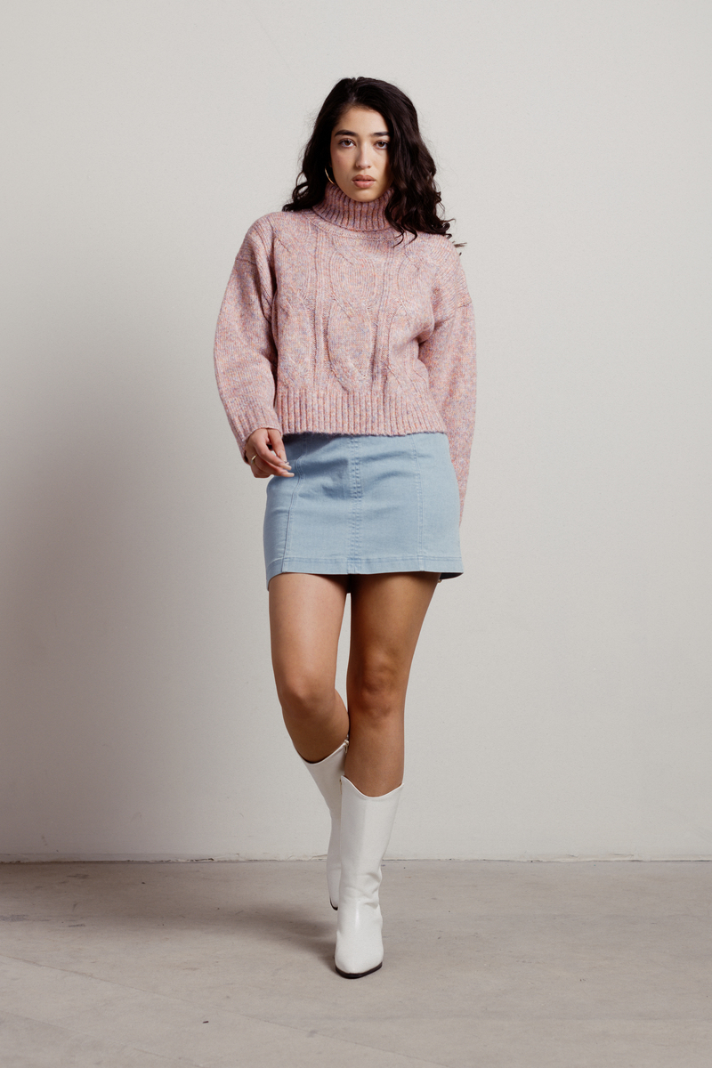 pink cable knit turtleneck sweater