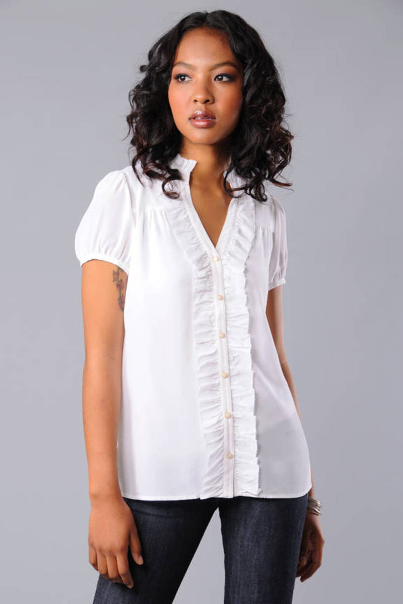 white button down ruffle blouse