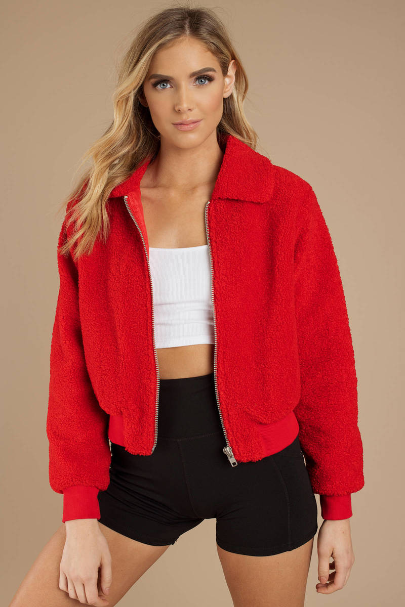 red faux fur jacket