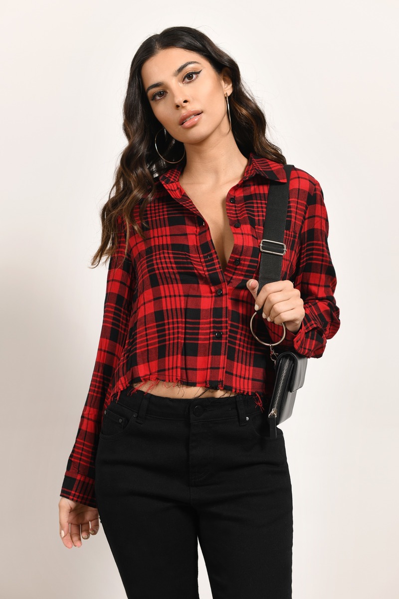 red and black check shirt dress