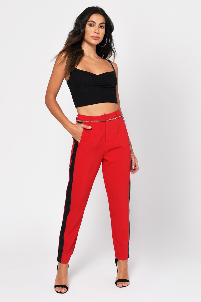 Red Pants - Side Striped Trousers - Red 