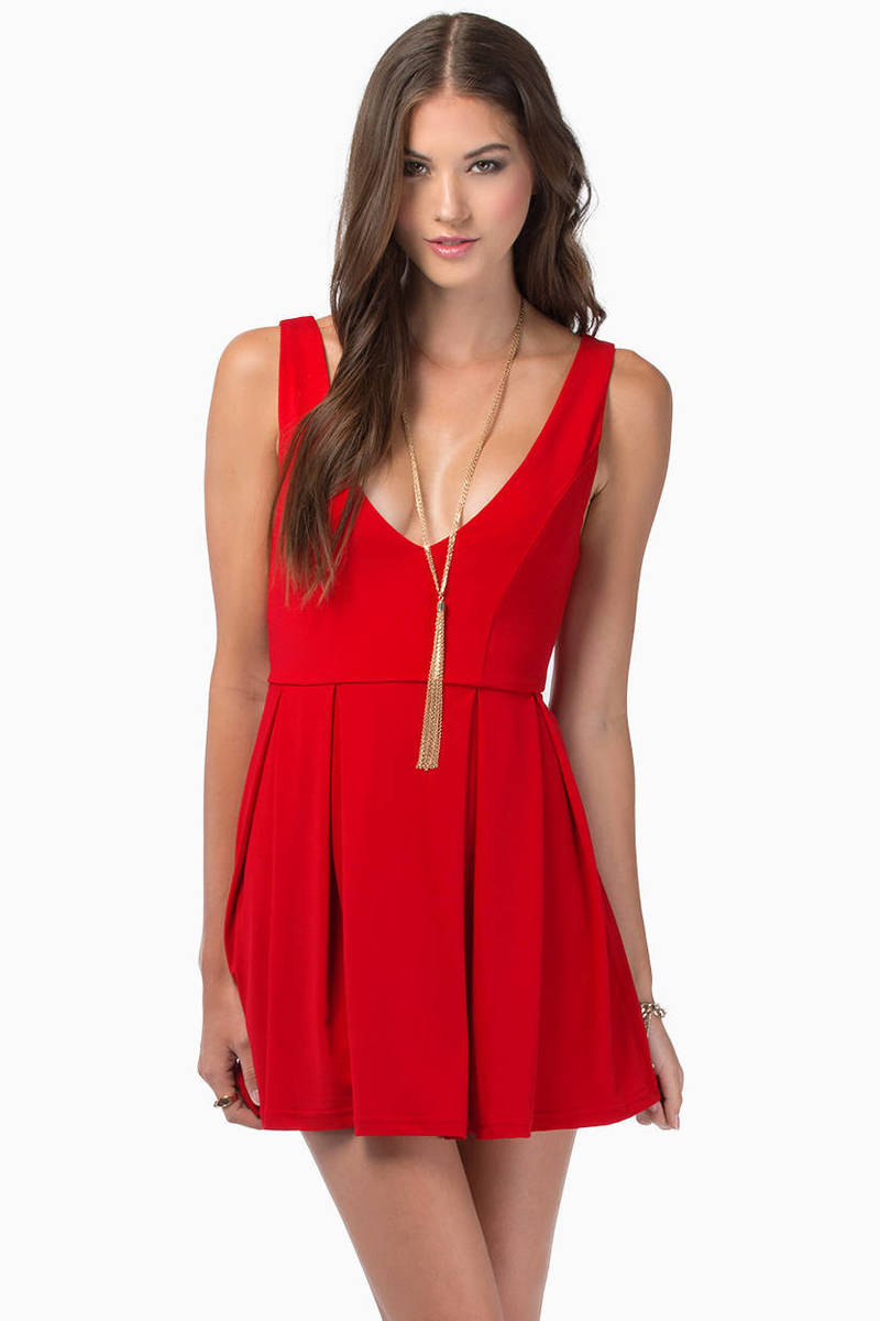 Sexy Red Skater Dress - Pleated Dress - Double V Red Dress - $16 | Tobi US