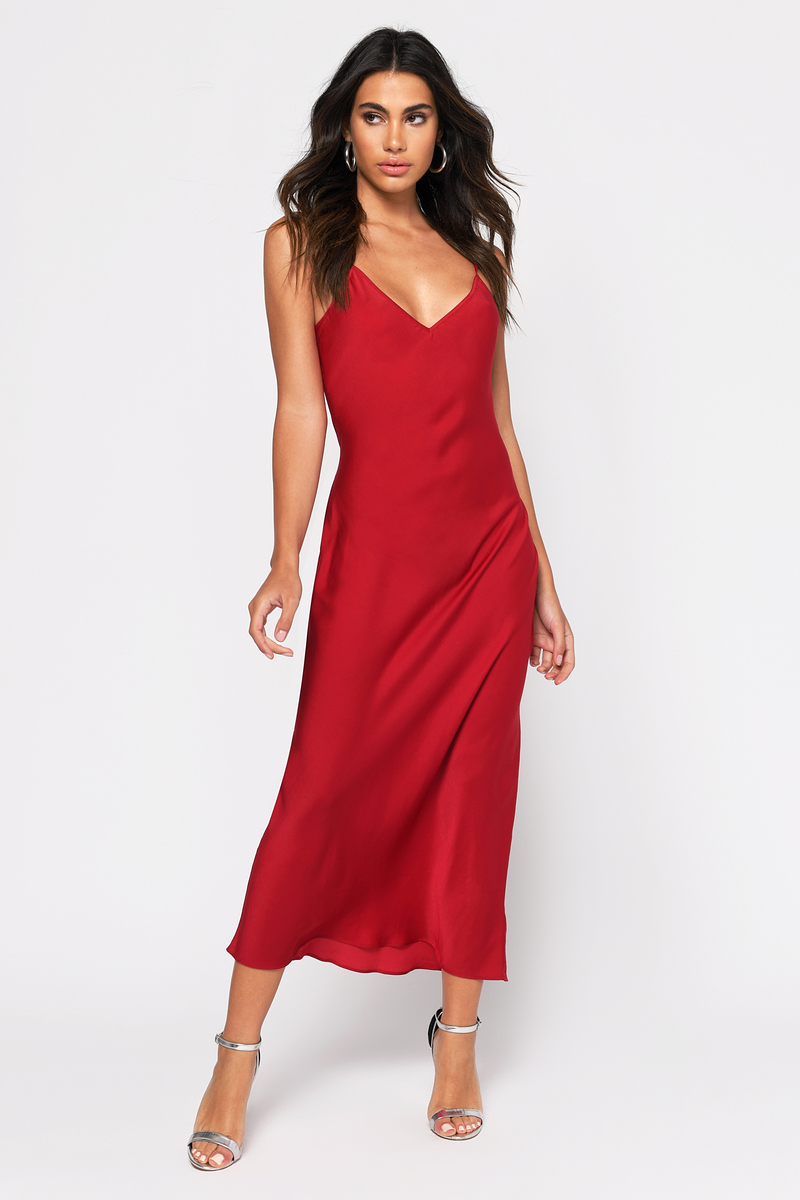 Red Satin Midi Dress 