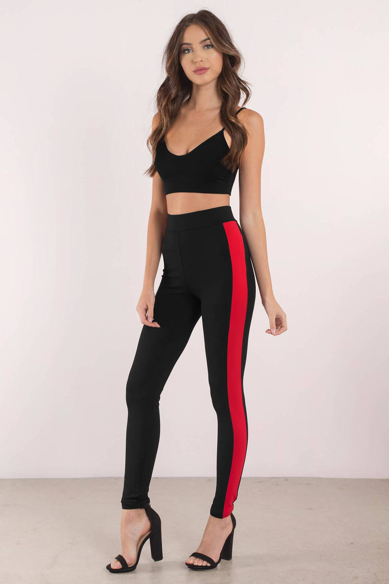 black dress pants with red stripe