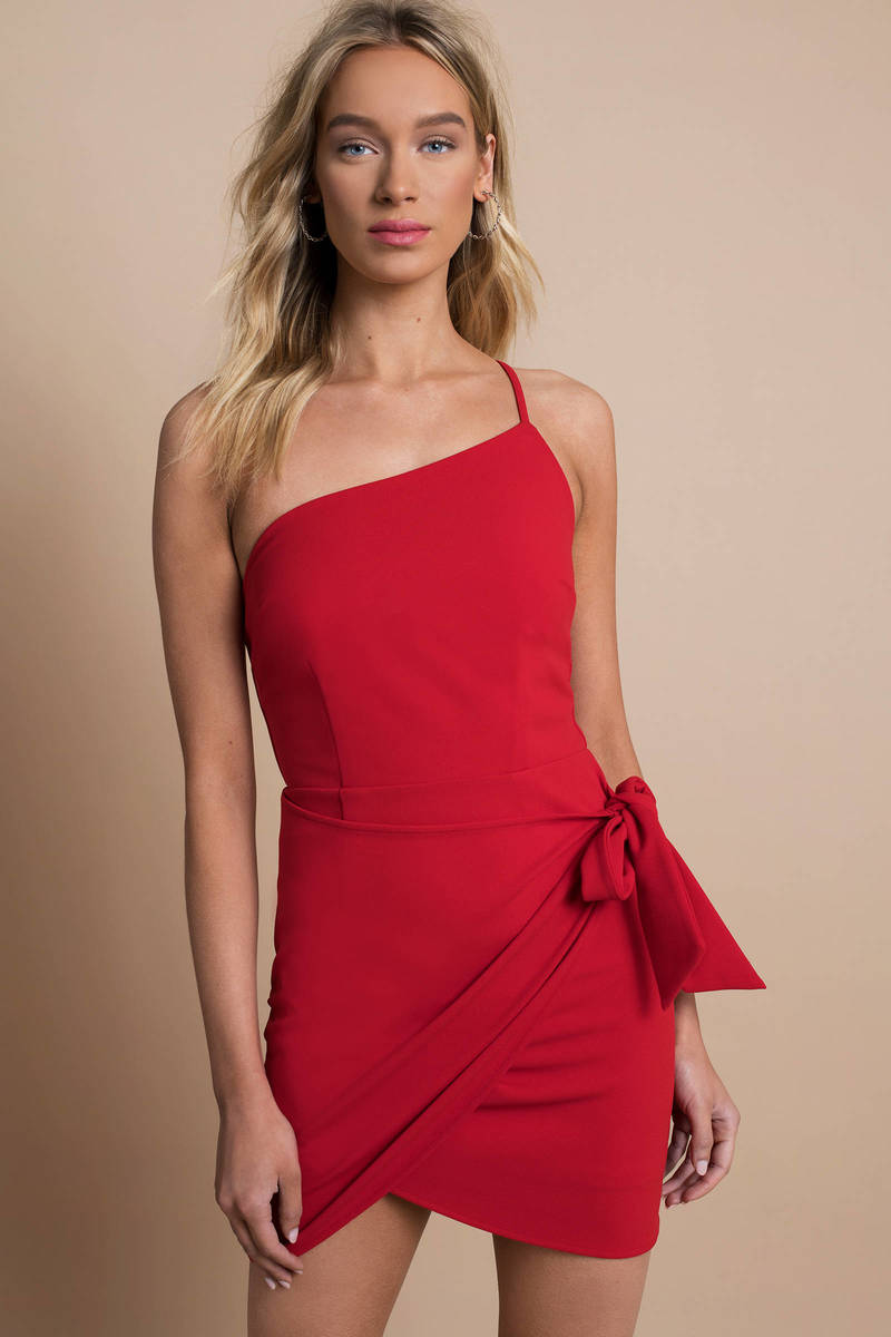 one shoulder red bodycon dress