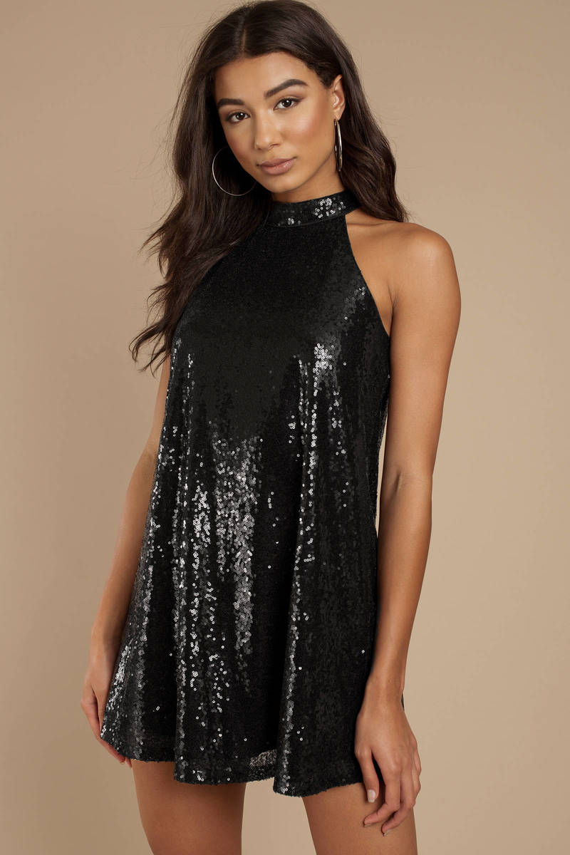 black halter sequin dress