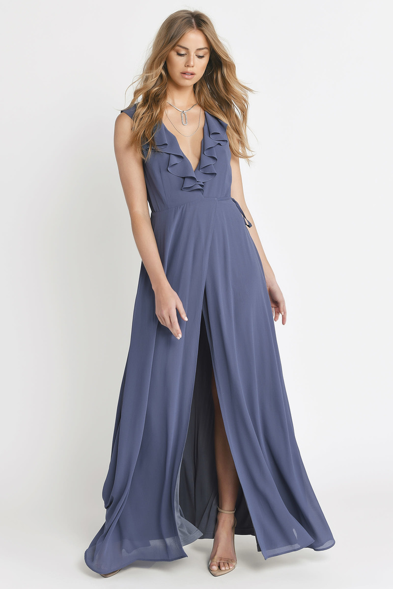 Surplice Dress - Blue Ruffle Maxi Dress 