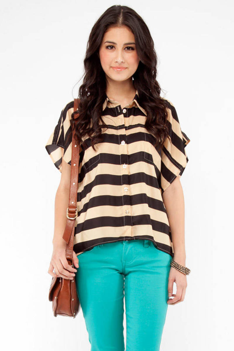 Hang Out With Your Batwing Out Striped Blouse in Taupe and Black - $17 ...