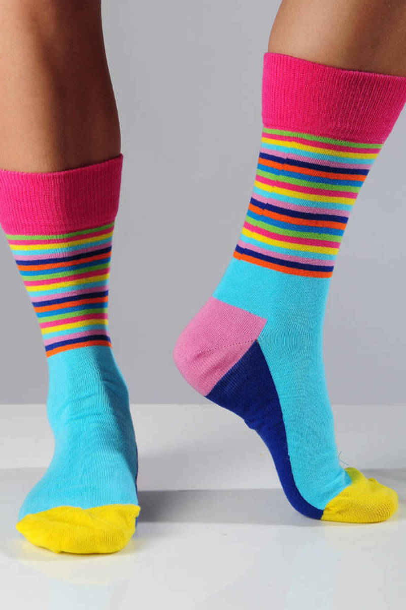 Blue Turquoise Socks With Mini Multi Stripes - € 10 | Tobi NL